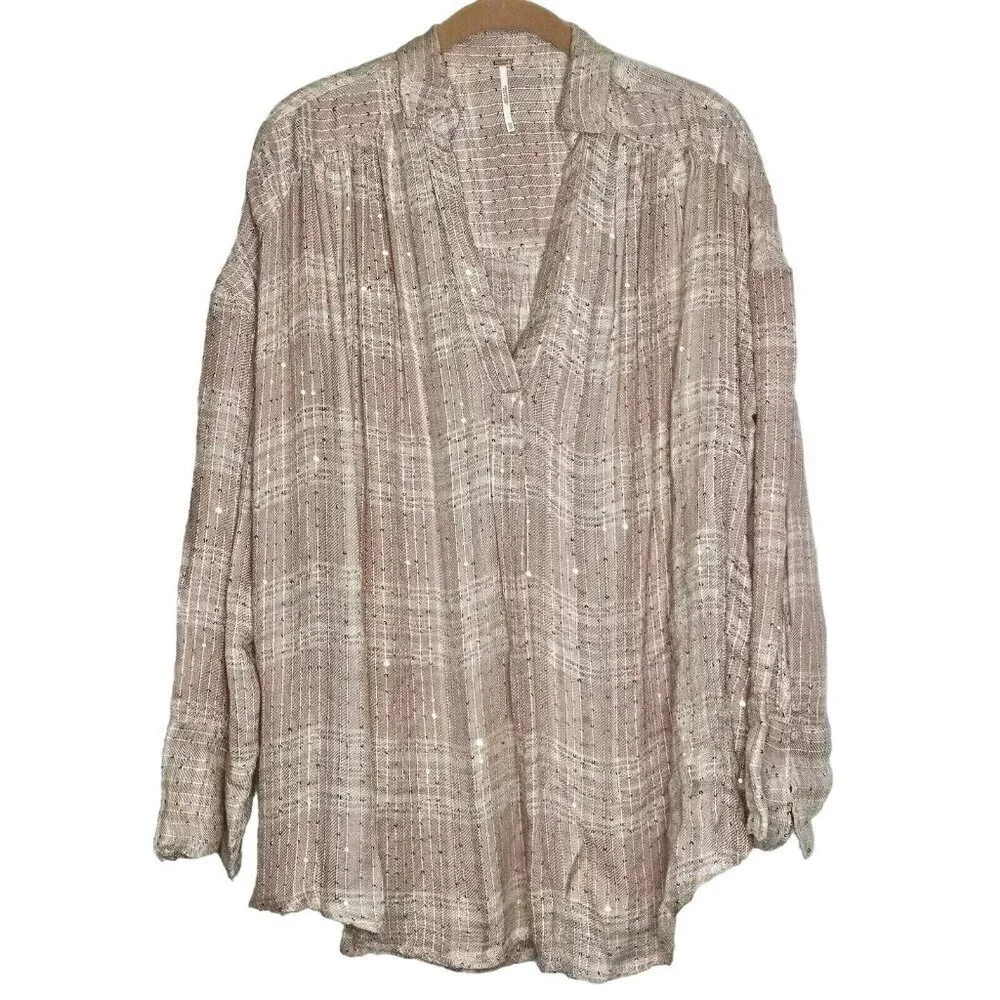 Free People Women's Fearless Love Plaid Woven Shirt Beige/Pink‎ Sequins XSmall